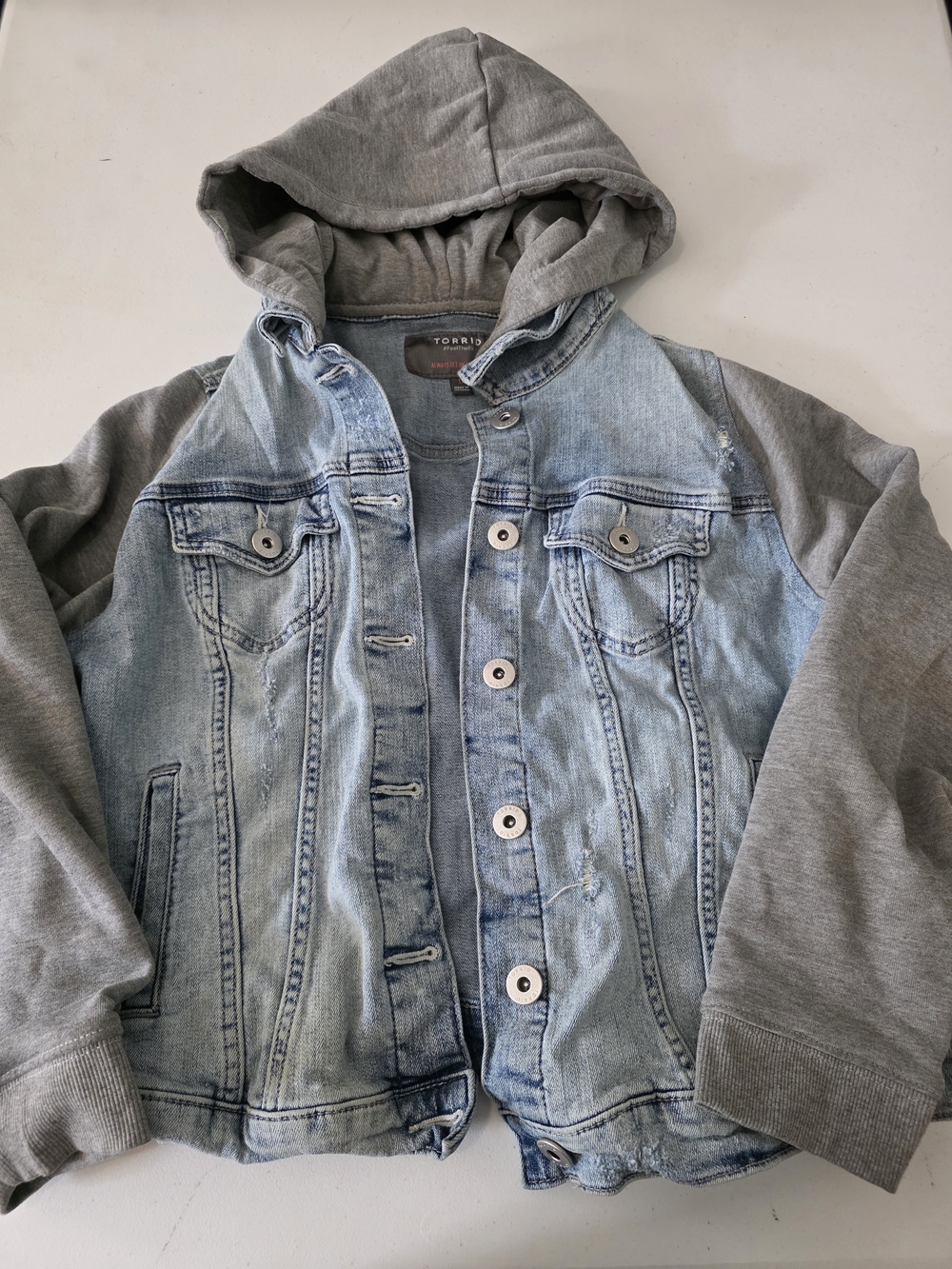 torrid Light Blue Denim Jacket with Gray Hooded Sleeves